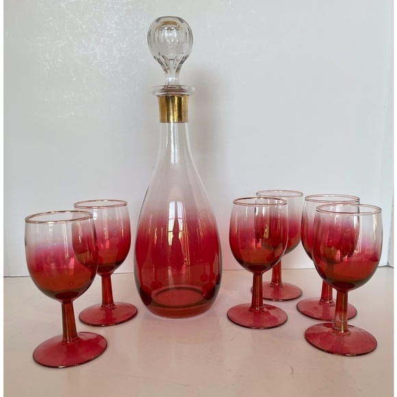 Vintage Cranberry Glass Decanter with Crystal Stopper & 6 Wine Glasses Set - Picture 15 of 15
